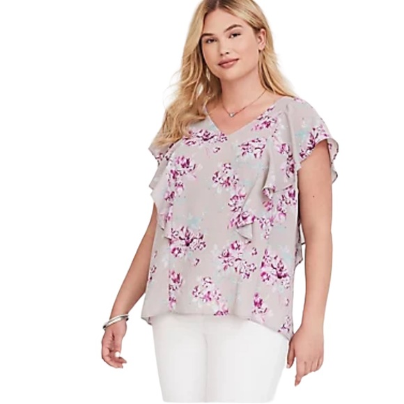 torrid Tops - TORRID Ruffled Short Sleeve Floral Georgette Blouse